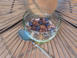 Fromage blanc aux nectarines et myrtilles et chocolat