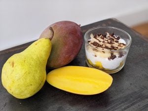 Douceur de tapioca-coco à la mangue et à la poire