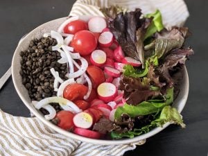Buddha bowl aux lentilles, tomates cerises et radis