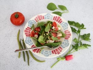 Salade de haricots verts, tomates, oignons nouveaux, radis et feta
